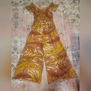 Patrons of Peace Yellow Tropical Print Smocked Bodice Pockets Crop Jumpsuit Sz S